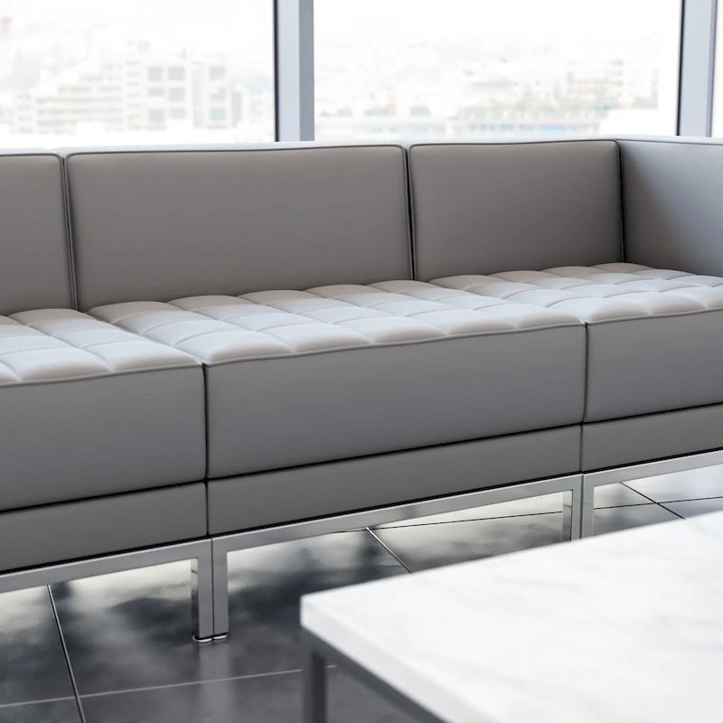Fauteuil d'appoint modulaire sans accoudoirs, assise capitonnée, cadre en acier inoxydable, blanc / noir / gris, usage individuel