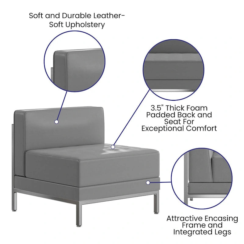 Fauteuil d'appoint modulaire sans accoudoirs, assise capitonnée, cadre en acier inoxydable, blanc / noir / gris, usage individuel