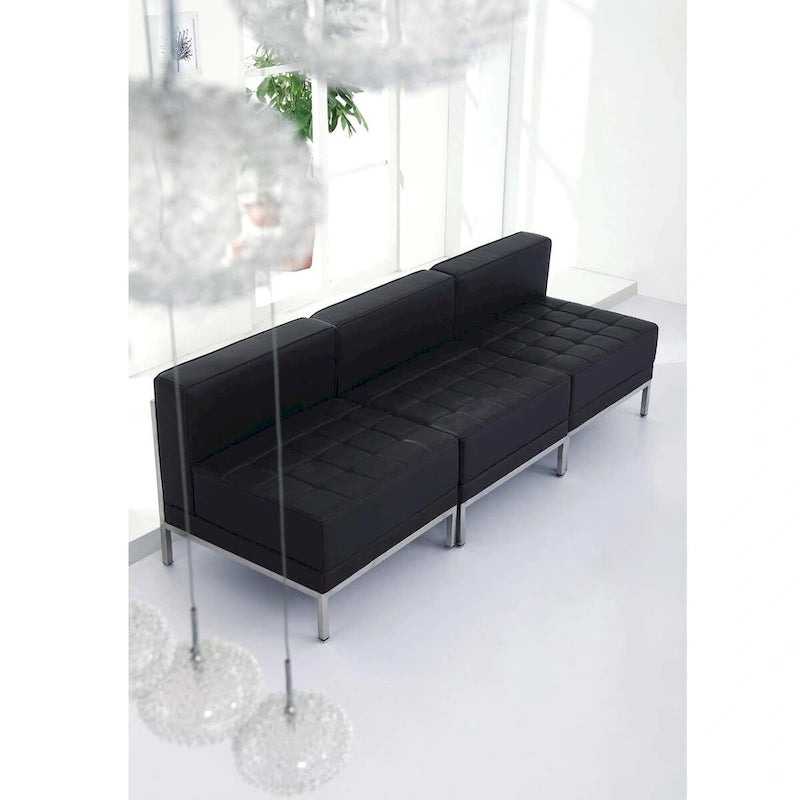 Fauteuil d'appoint modulaire sans accoudoirs, assise capitonnée, cadre en acier inoxydable, blanc / noir / gris, usage individuel