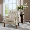Fauteuil d'appoint, dossier capitonné, coussin d'assise amovible, pieds en bois massif couleur expresso, polyester, beige/bleu sarcelle/gris, 1 personne