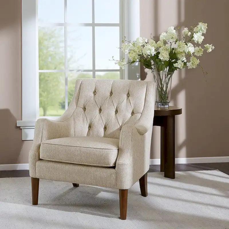 Fauteuil d'appoint, dossier capitonné, coussin d'assise amovible, pieds en bois massif couleur expresso, polyester, beige/bleu sarcelle/gris, 1 personne