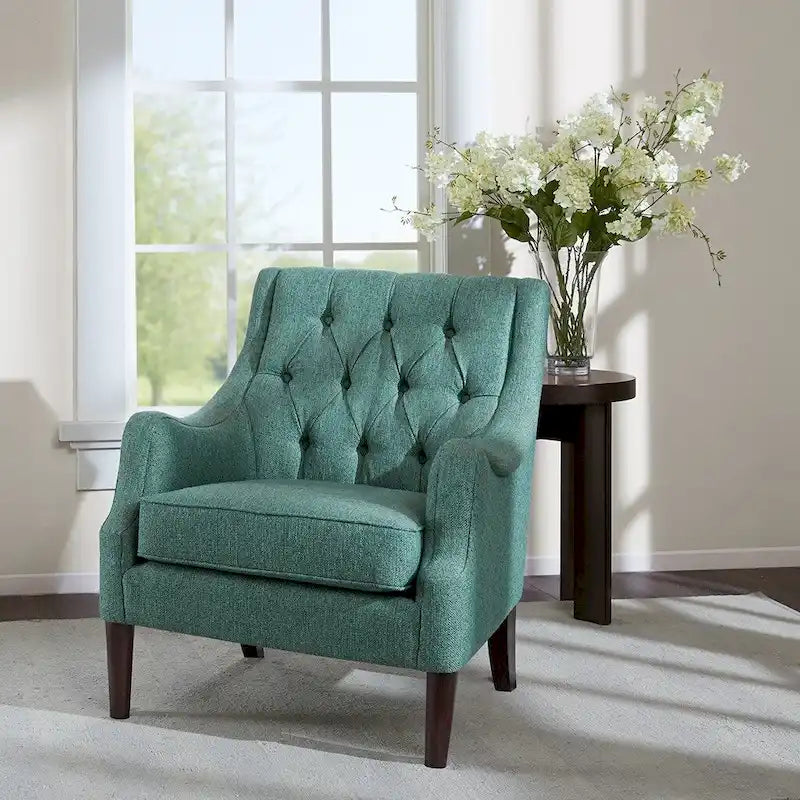 Fauteuil d'appoint, dossier capitonné, coussin d'assise amovible, pieds en bois massif couleur expresso, polyester, beige/bleu sarcelle/gris, 1 personne