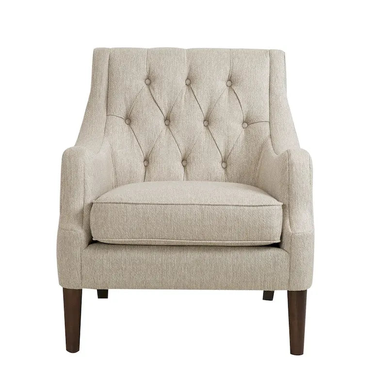 Fauteuil d'appoint, dossier capitonné, coussin d'assise amovible, pieds en bois massif couleur expresso, polyester, beige/bleu sarcelle/gris, 1 personne