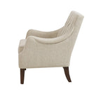 Fauteuil d'appoint, dossier capitonné, coussin d'assise amovible, pieds en bois massif couleur expresso, polyester, beige/bleu sarcelle/gris, 1 personne