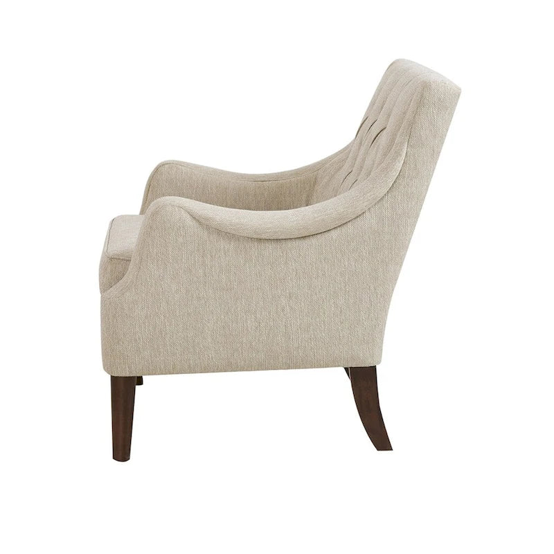 Fauteuil d'appoint, dossier capitonné, coussin d'assise amovible, pieds en bois massif couleur expresso, polyester, beige/bleu sarcelle/gris, 1 personne