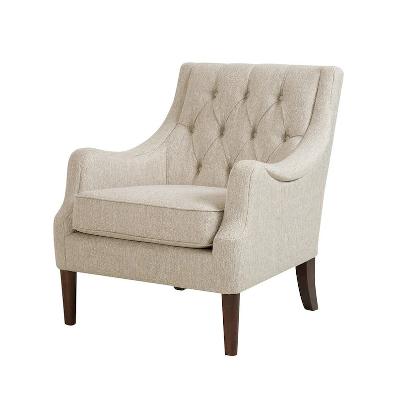Fauteuil d'appoint, dossier capitonné, coussin d'assise amovible, pieds en bois massif couleur expresso, polyester, beige/bleu sarcelle/gris, 1 personne