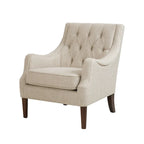 Fauteuil d'appoint, dossier capitonné, coussin d'assise amovible, pieds en bois massif couleur expresso, polyester, beige/bleu sarcelle/gris, 1 personne