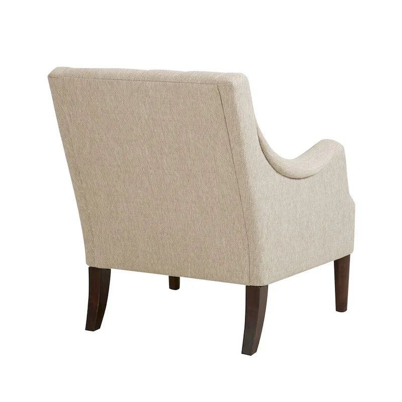 Fauteuil d'appoint, dossier capitonné, coussin d'assise amovible, pieds en bois massif couleur expresso, polyester, beige/bleu sarcelle/gris, 1 personne