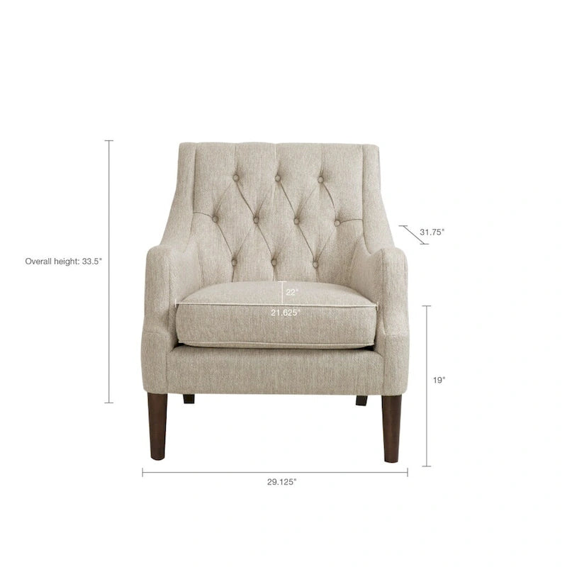 Fauteuil d'appoint, dossier capitonné, coussin d'assise amovible, pieds en bois massif couleur expresso, polyester, beige/bleu sarcelle/gris, 1 personne