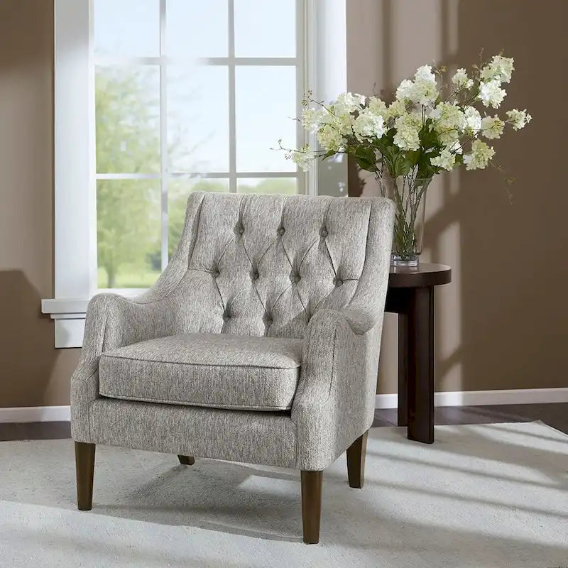 Fauteuil d'appoint, dossier capitonné, coussin d'assise amovible, pieds en bois massif couleur expresso, polyester, beige/bleu sarcelle/gris, 1 personne