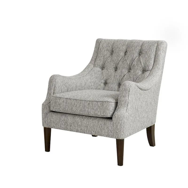 Fauteuil d'appoint, dossier capitonné, coussin d'assise amovible, pieds en bois massif couleur expresso, polyester, beige/bleu sarcelle/gris, 1 personne