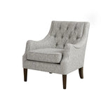 Fauteuil d'appoint, dossier capitonné, coussin d'assise amovible, pieds en bois massif couleur expresso, polyester, beige/bleu sarcelle/gris, 1 personne