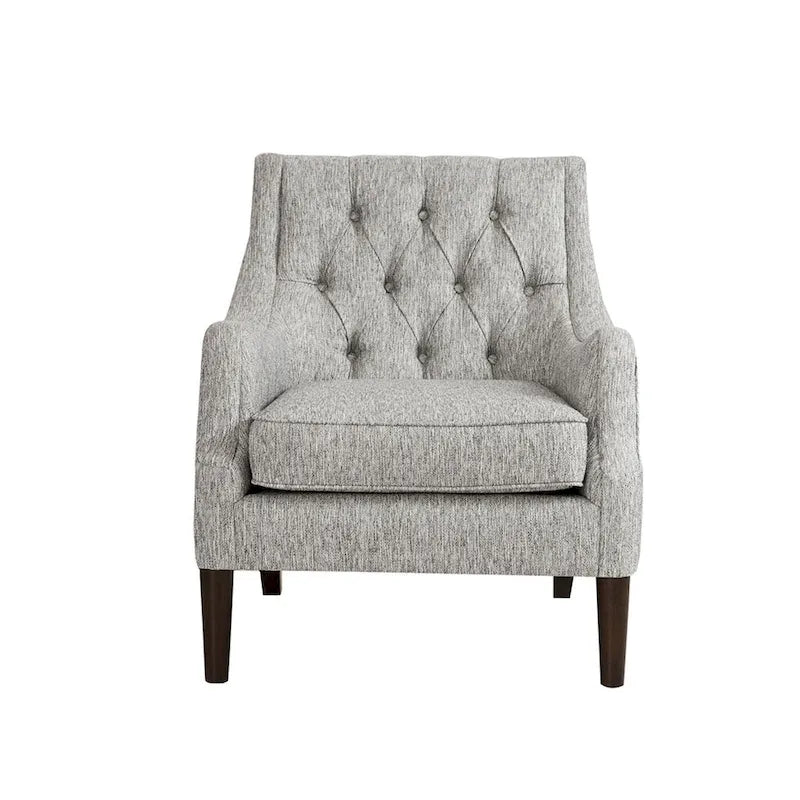 Fauteuil d'appoint, dossier capitonné, coussin d'assise amovible, pieds en bois massif couleur expresso, polyester, beige/bleu sarcelle/gris, 1 personne