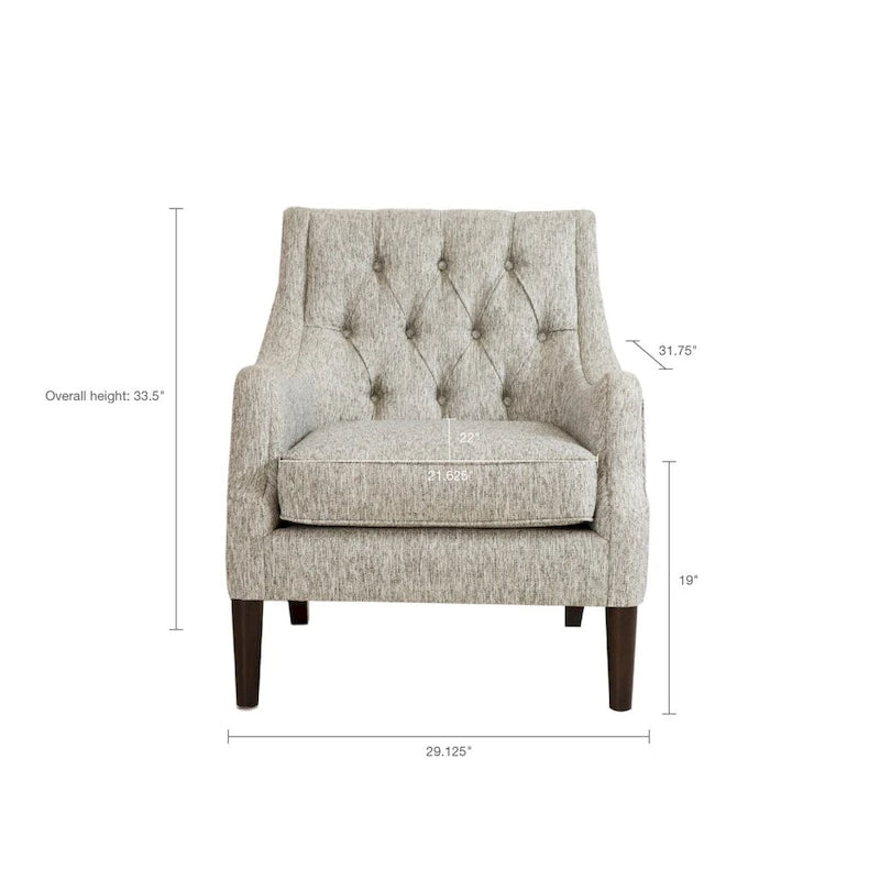 Fauteuil d'appoint, dossier capitonné, coussin d'assise amovible, pieds en bois massif couleur expresso, polyester, beige/bleu sarcelle/gris, 1 personne
