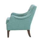 Fauteuil d'appoint, dossier capitonné, coussin d'assise amovible, pieds en bois massif couleur expresso, polyester, beige/bleu sarcelle/gris, 1 personne