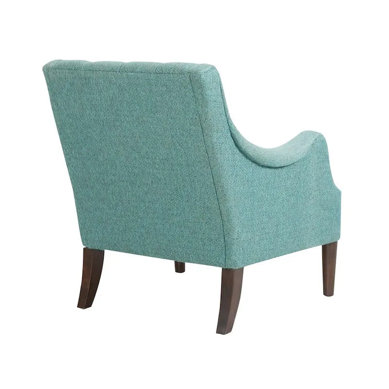 Fauteuil d'appoint, dossier capitonné, coussin d'assise amovible, pieds en bois massif couleur expresso, polyester, beige/bleu sarcelle/gris, 1 personne