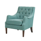 Fauteuil d'appoint, dossier capitonné, coussin d'assise amovible, pieds en bois massif couleur expresso, polyester, beige/bleu sarcelle/gris, 1 personne