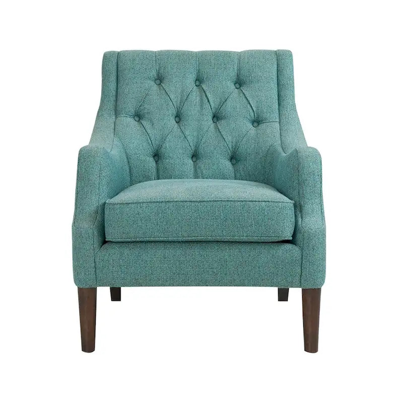 Fauteuil d'appoint, dossier capitonné, coussin d'assise amovible, pieds en bois massif couleur expresso, polyester, beige/bleu sarcelle/gris, 1 personne