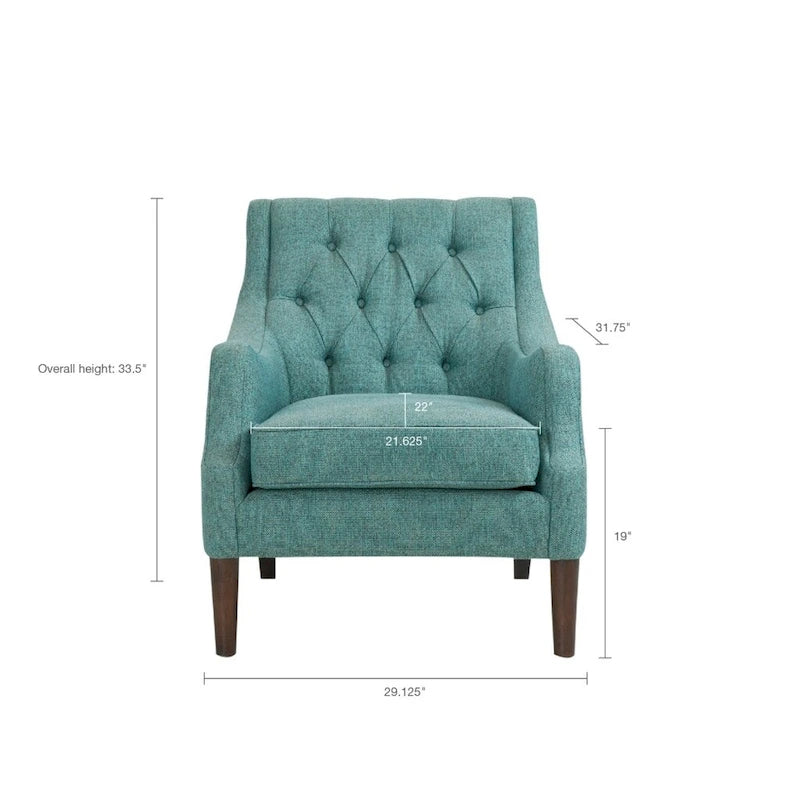 Fauteuil d'appoint, dossier capitonné, coussin d'assise amovible, pieds en bois massif couleur expresso, polyester, beige/bleu sarcelle/gris, 1 personne