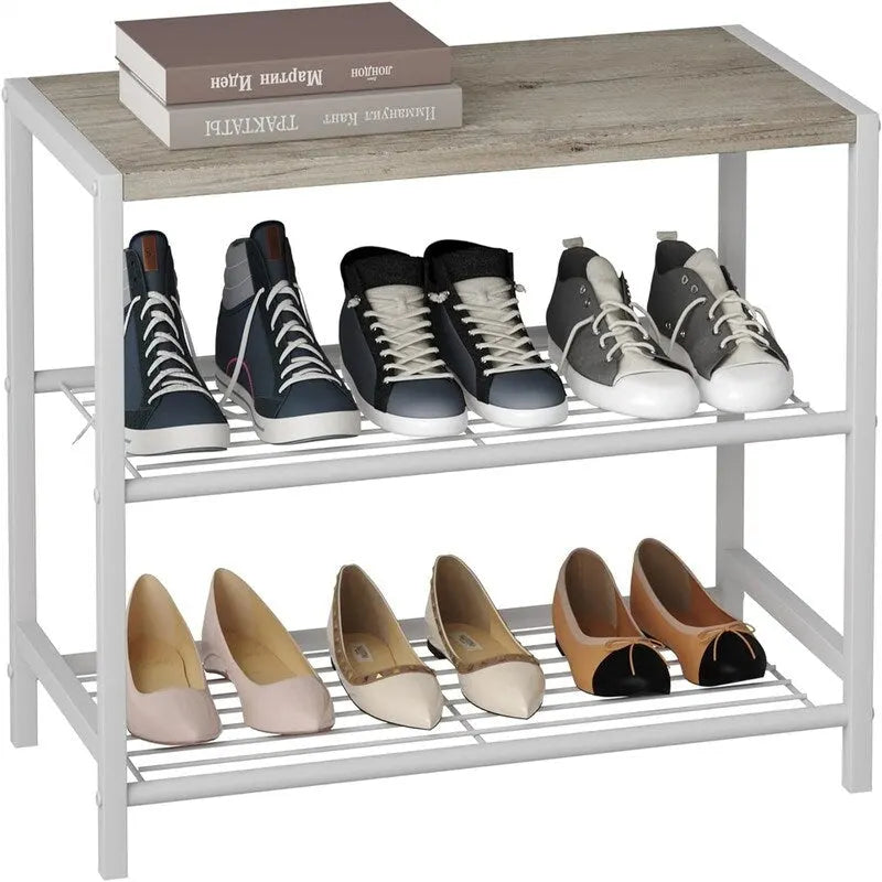 Meuble à chaussures 3 niveaux, accents de bois, surface supérieure plate, chêne blanc, pour 1 personne