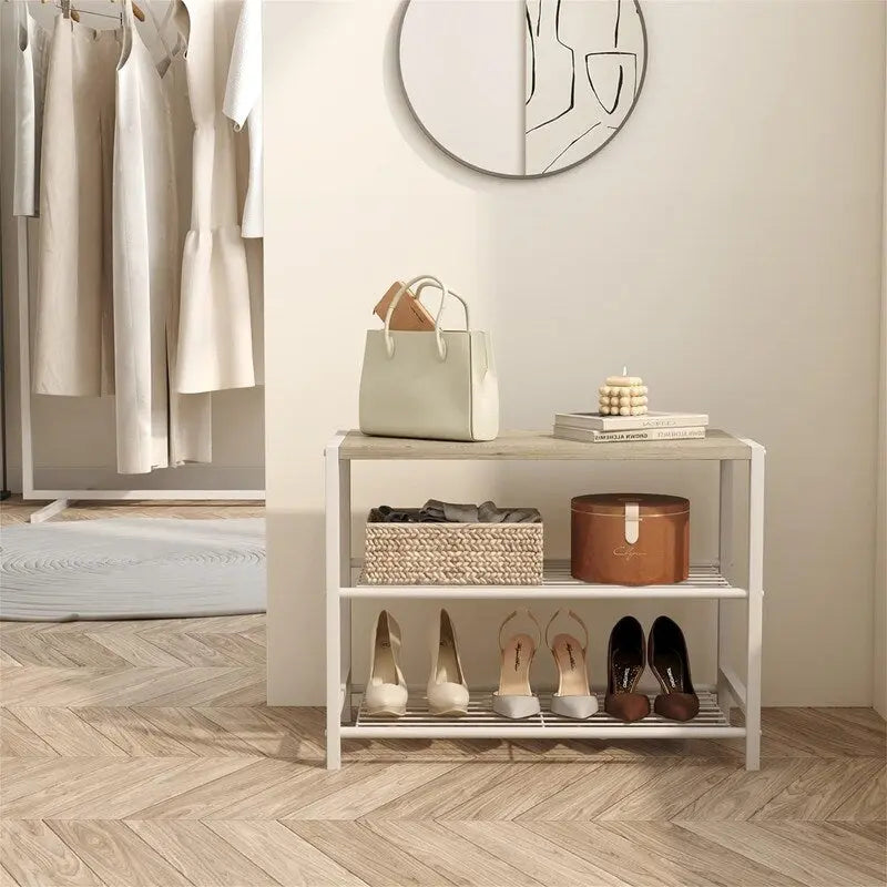 Meuble à chaussures 3 niveaux, accents de bois, surface supérieure plate, chêne blanc, pour 1 personne