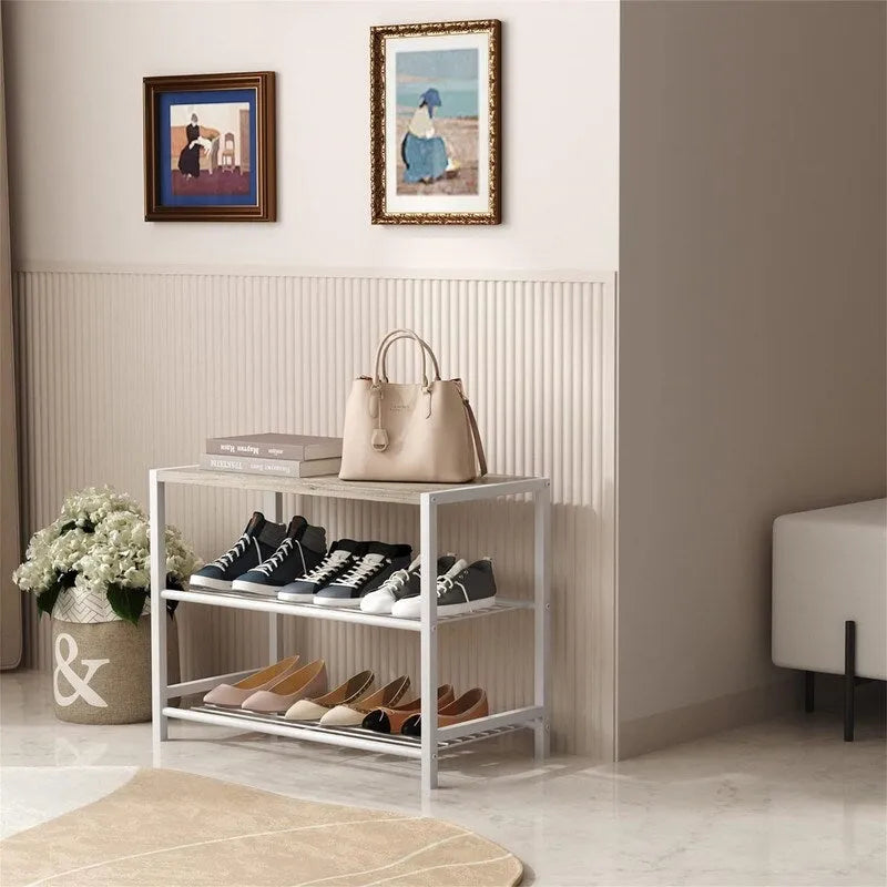 Meuble à chaussures 3 niveaux, accents de bois, surface supérieure plate, chêne blanc, pour 1 personne