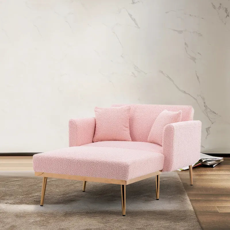 Fauteuil crapaud, tissu bouclette, dossier incurvé, pieds en fer doré rose, blanc / gris / rose / orange, usage individuel