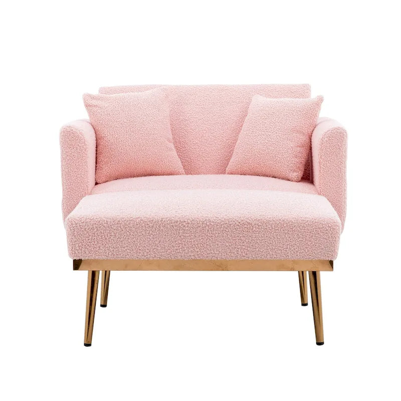 Fauteuil crapaud, tissu bouclette, dossier incurvé, pieds en fer doré rose, blanc / gris / rose / orange, usage individuel