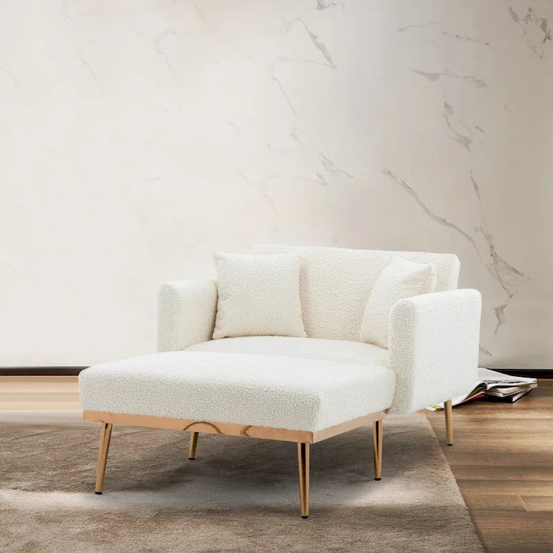 Fauteuil crapaud, tissu bouclette, dossier incurvé, pieds en fer doré rose, blanc / gris / rose / orange, usage individuel