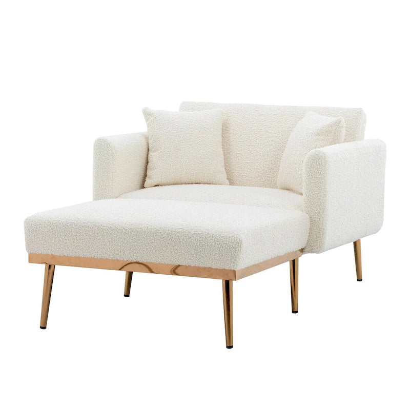 Fauteuil crapaud, tissu bouclette, dossier incurvé, pieds en fer doré rose, blanc / gris / rose / orange, usage individuel