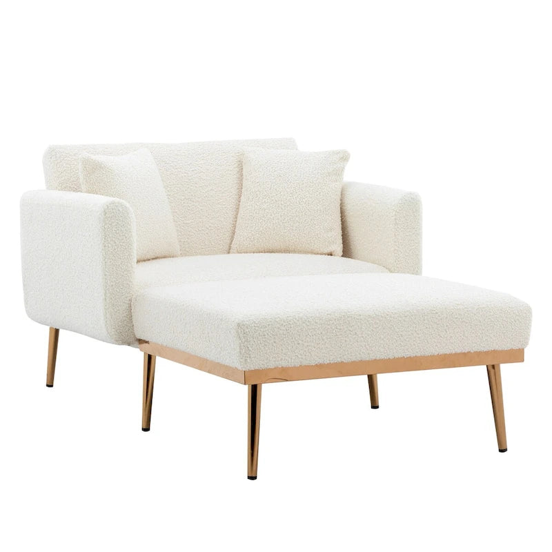 Fauteuil crapaud, tissu bouclette, dossier incurvé, pieds en fer doré rose, blanc / gris / rose / orange, usage individuel