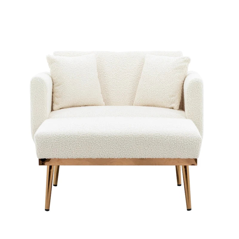 Fauteuil crapaud, tissu bouclette, dossier incurvé, pieds en fer doré rose, blanc / gris / rose / orange, usage individuel