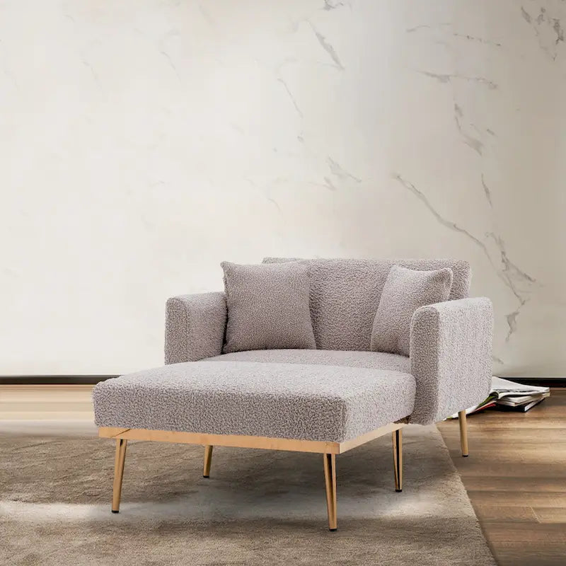 Fauteuil crapaud, tissu bouclette, dossier incurvé, pieds en fer doré rose, blanc / gris / rose / orange, usage individuel