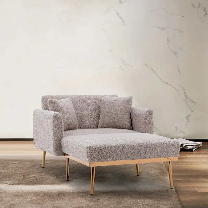 Fauteuil crapaud, tissu bouclette, dossier incurvé, pieds en fer doré rose, blanc / gris / rose / orange, usage individuel