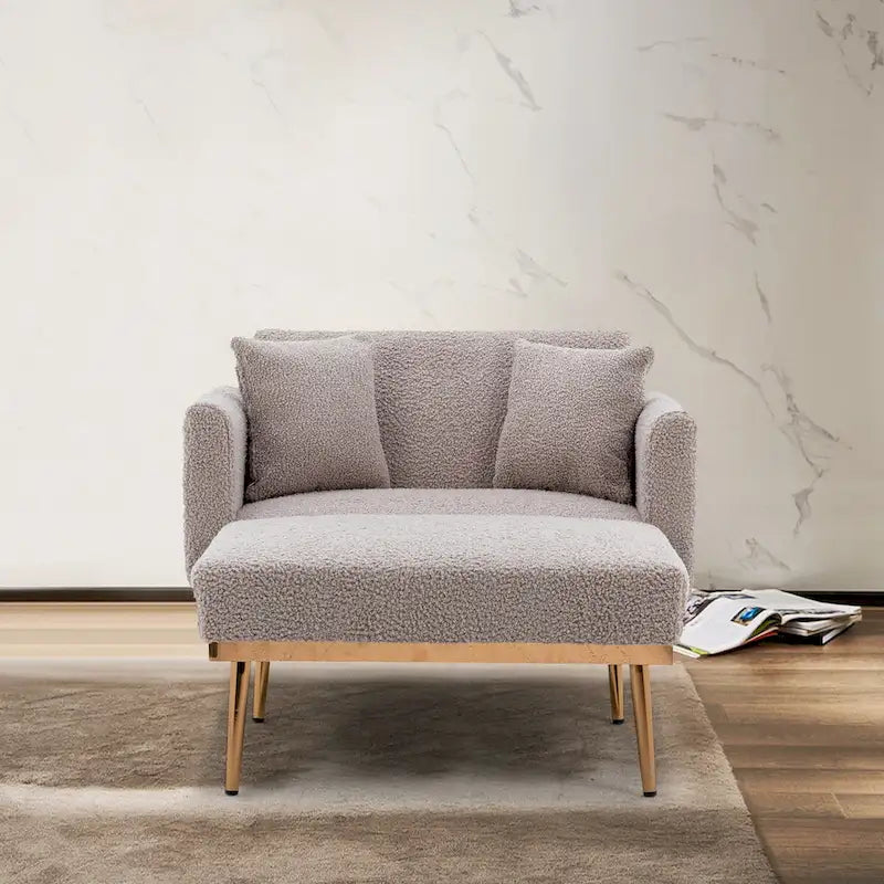 Fauteuil crapaud, tissu bouclette, dossier incurvé, pieds en fer doré rose, blanc / gris / rose / orange, usage individuel