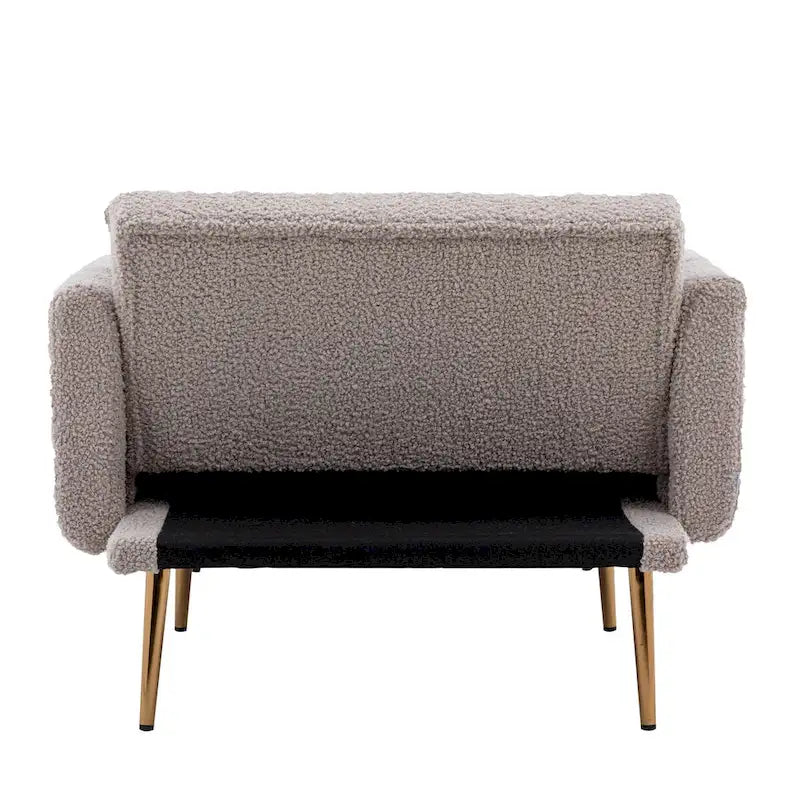 Fauteuil crapaud, tissu bouclette, dossier incurvé, pieds en fer doré rose, blanc / gris / rose / orange, usage individuel
