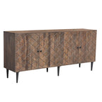 Buffet 4 portes, motif vague, bois d'acacia et de manguier, étagères intérieures fixes, pieds et quincaillerie noirs, style mi-siècle, noyer / noisette / blanchi, utilisation par 1 personne