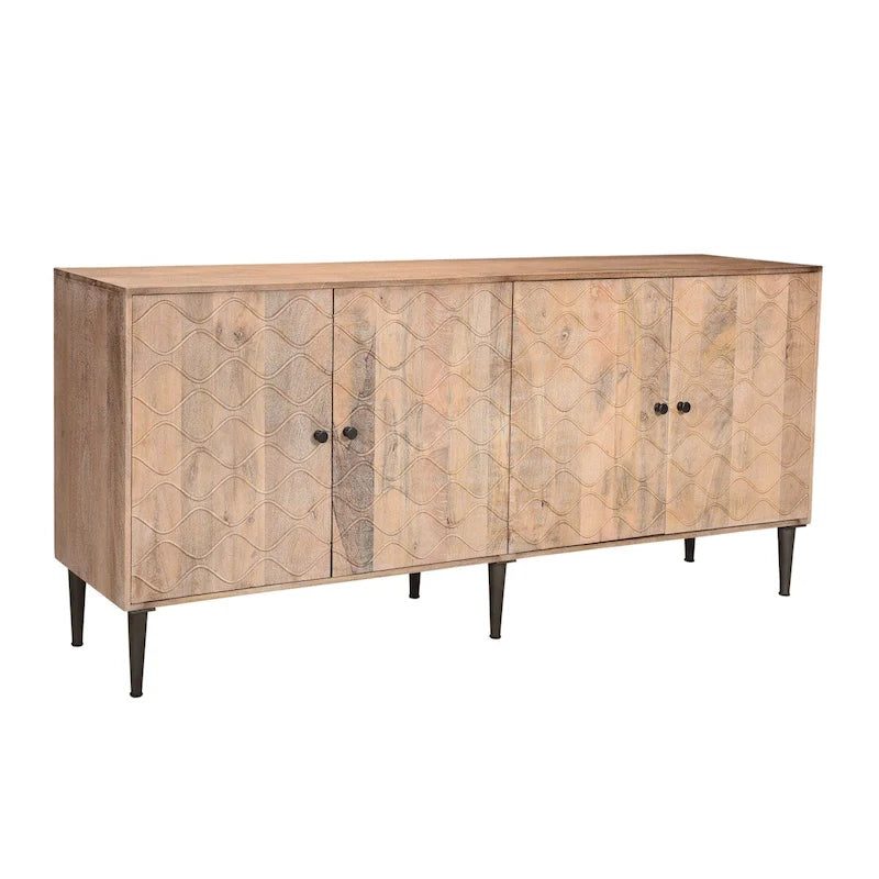 Buffet 4 portes, motif vague, bois d'acacia et de manguier, étagères intérieures fixes, pieds et quincaillerie noirs, style mi-siècle, noyer / noisette / blanchi, utilisation par 1 personne