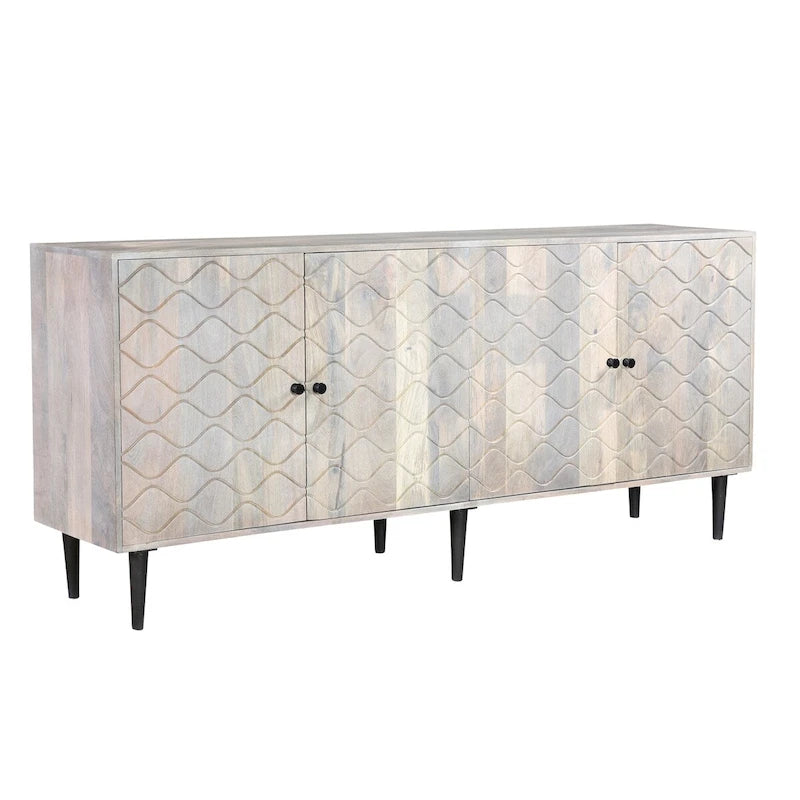 Buffet 4 portes, motif vague, bois d'acacia et de manguier, étagères intérieures fixes, pieds et quincaillerie noirs, style mi-siècle, noyer / noisette / blanchi, utilisation par 1 personne