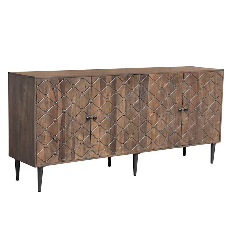 Buffet 4 portes, motif vague, bois d'acacia et de manguier, étagères intérieures fixes, pieds et quincaillerie noirs, style mi-siècle, noyer / noisette / blanchi, utilisation par 1 personne
