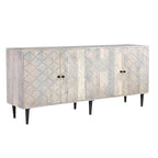 Buffet 4 portes, motif vague, bois d'acacia et de manguier, étagères intérieures fixes, pieds et quincaillerie noirs, style mi-siècle, noyer / noisette / blanchi, utilisation par 1 personne