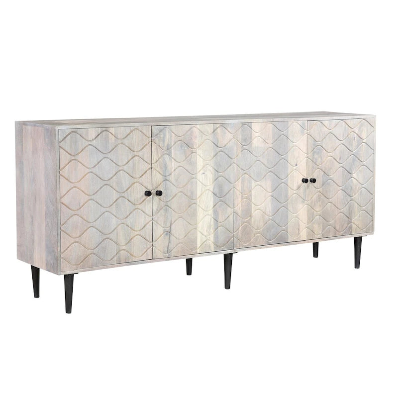 Buffet 4 portes, motif vague, bois d'acacia et de manguier, étagères intérieures fixes, pieds et quincaillerie noirs, style mi-siècle, noyer / noisette / blanchi, utilisation par 1 personne