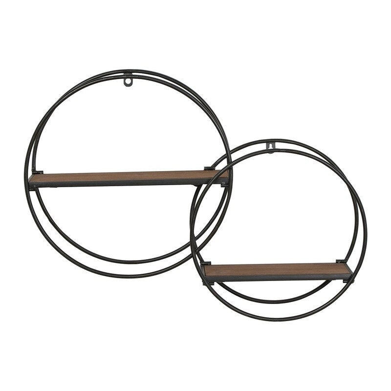 Étagère Murale Flottante, Cadre Métallique Rond, 2 Étagères en Bois, Design Géométrique, Marron, Utilisation par 1 Personne