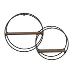 Étagère Murale Flottante, Cadre Métallique Rond, 2 Étagères en Bois, Design Géométrique, Marron, Utilisation par 1 Personne