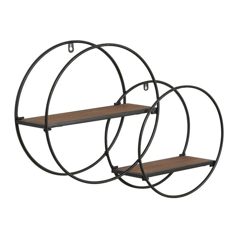 Étagère Murale Flottante, Cadre Métallique Rond, 2 Étagères en Bois, Design Géométrique, Marron, Utilisation par 1 Personne
