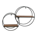 Étagère Murale Flottante, Cadre Métallique Rond, 2 Étagères en Bois, Design Géométrique, Marron, Utilisation par 1 Personne