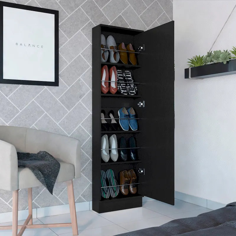 Meuble à chaussures avec miroir, porte simple, 5 étagères intérieures, jusqu'à 10 paires, noir/blanc, 1 personne