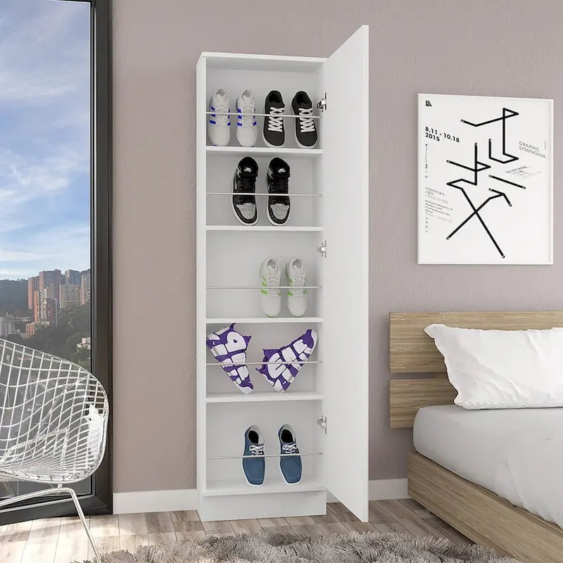 Meuble à chaussures avec miroir, porte simple, 5 étagères intérieures, jusqu'à 10 paires, noir/blanc, 1 personne