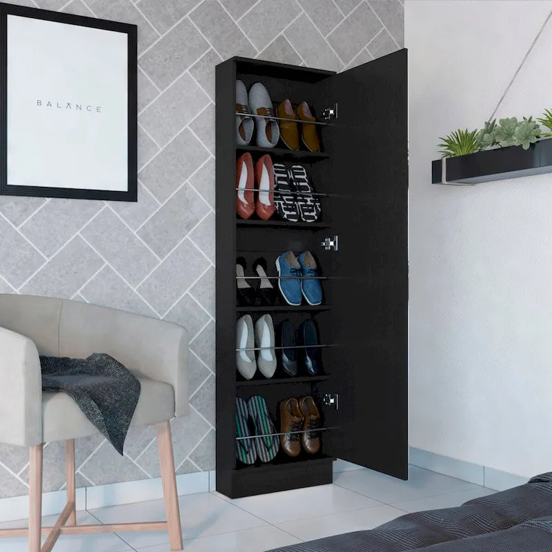 Meuble à chaussures avec miroir, porte simple, 5 étagères intérieures, jusqu'à 10 paires, noir/blanc, 1 personne