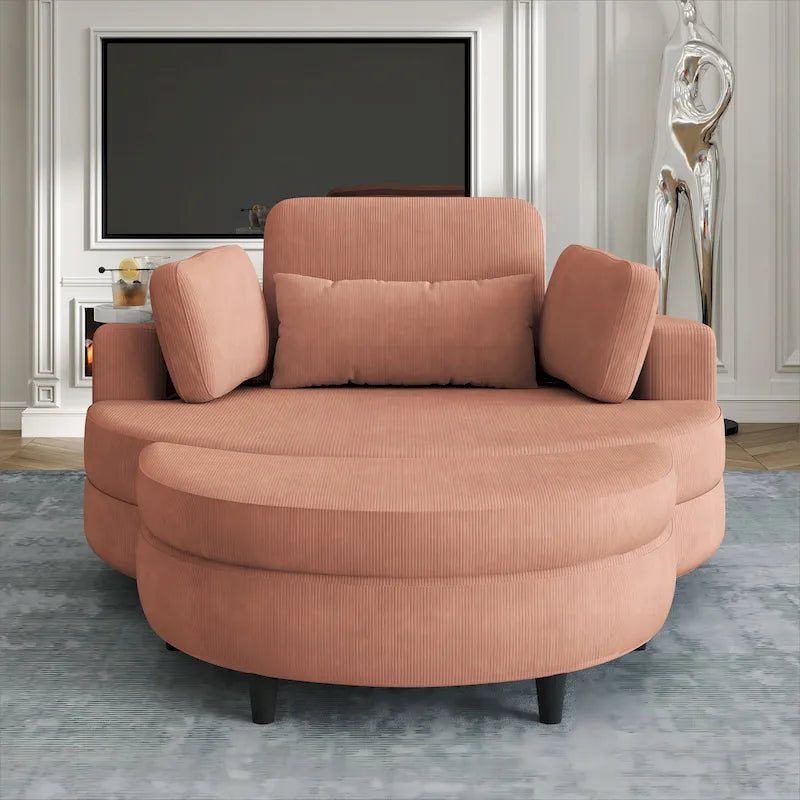 Canapé rond avec pouf, tissu velours côtelé, appui-tête réglable, plateau amovible, 2 coussins décoratifs et 1 coussin lombaire, orange / beige / gris / jaune, 1 personne